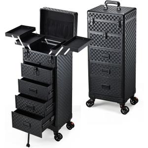 Stagiant Rolling Makeup Case with Drawers Cosmetology Case on Wheels 5 IN 1 Makeup Case 4 Drawers with Foot Stand Spring-release Mechanism Rolling Make Up Organizer for Artist Salon Nail Teach Trunk