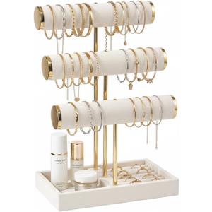 Pangkeep 3 Tier Bracelet Necklace Holder,Jewelry Displays for Vendors,T Bar Velvet Jewelry Stand with Tray,Jewerly Organizer for Bangles Necklace Scrunchie Watches Rings (Beige)