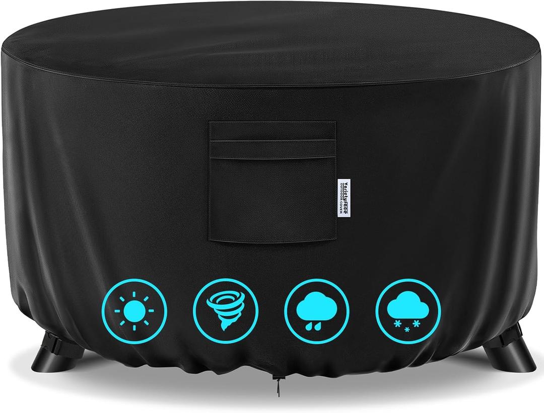 50" Round Fire Pit Cover  Heavy-Duty Waterproof Oxford, Buckle Straps, Air Vents & Drawstring  Windproof & UV-Resistant for Worry-Free Year-Round Protection on Patio Fire Pits & Tables (Black)