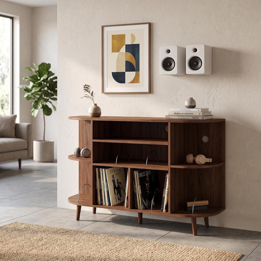 Garvee Large Record Player Stand with Charging Station & USB Ports，Record Storage Cabinet, Mid Century Modern Turntable Stand for Bedroom Living Room, 47