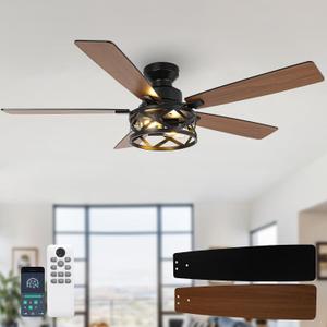 Qcyuui 52 Inch Farmhouse Ceiling Fan with Light and Remote Black Industrial Caged Flush Mount Ceiling Fan with Dual Finish 5 Blades 6 Speed Reversible Motor Rustic Ceiling Fan for Living room