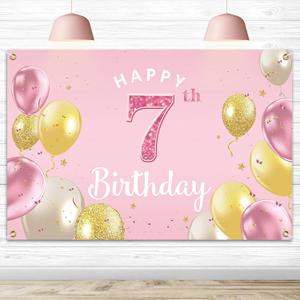 Happy 7th Birthday Backdrop Banner - 7 Birthday Party Decorations Supplies for Girls - Pink 3.9 x 5.9ft