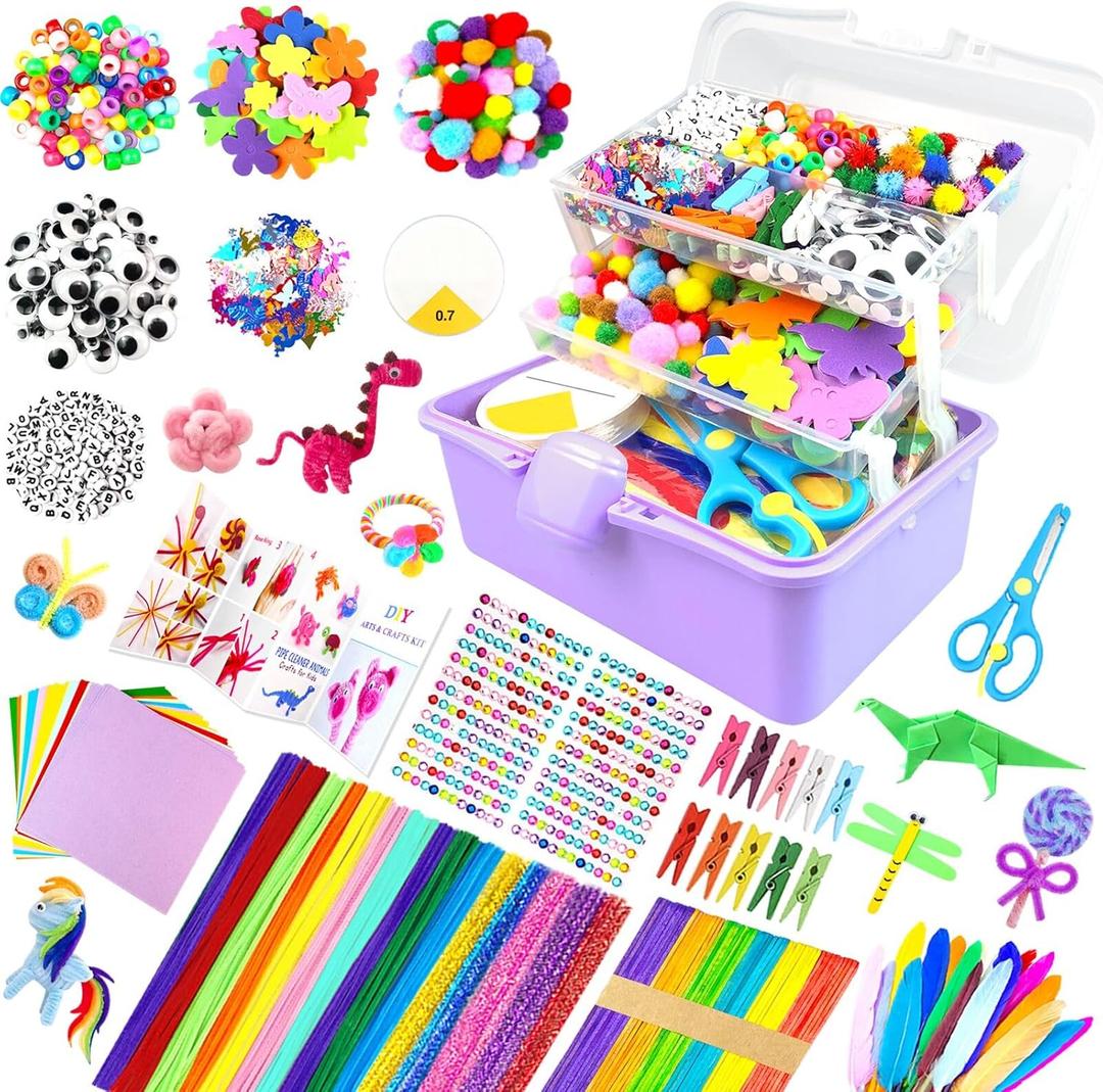 3000Pcs Arts and Crafts Supplies for Kids Craft Kits with Pipe Cleaners Crafting Supply All in 3 Layered Craft Box DIY Crafts for Kids Ages 4-8 8-12 Homeschool Supplies Toys Gifts for Girls & Boys (Purple)