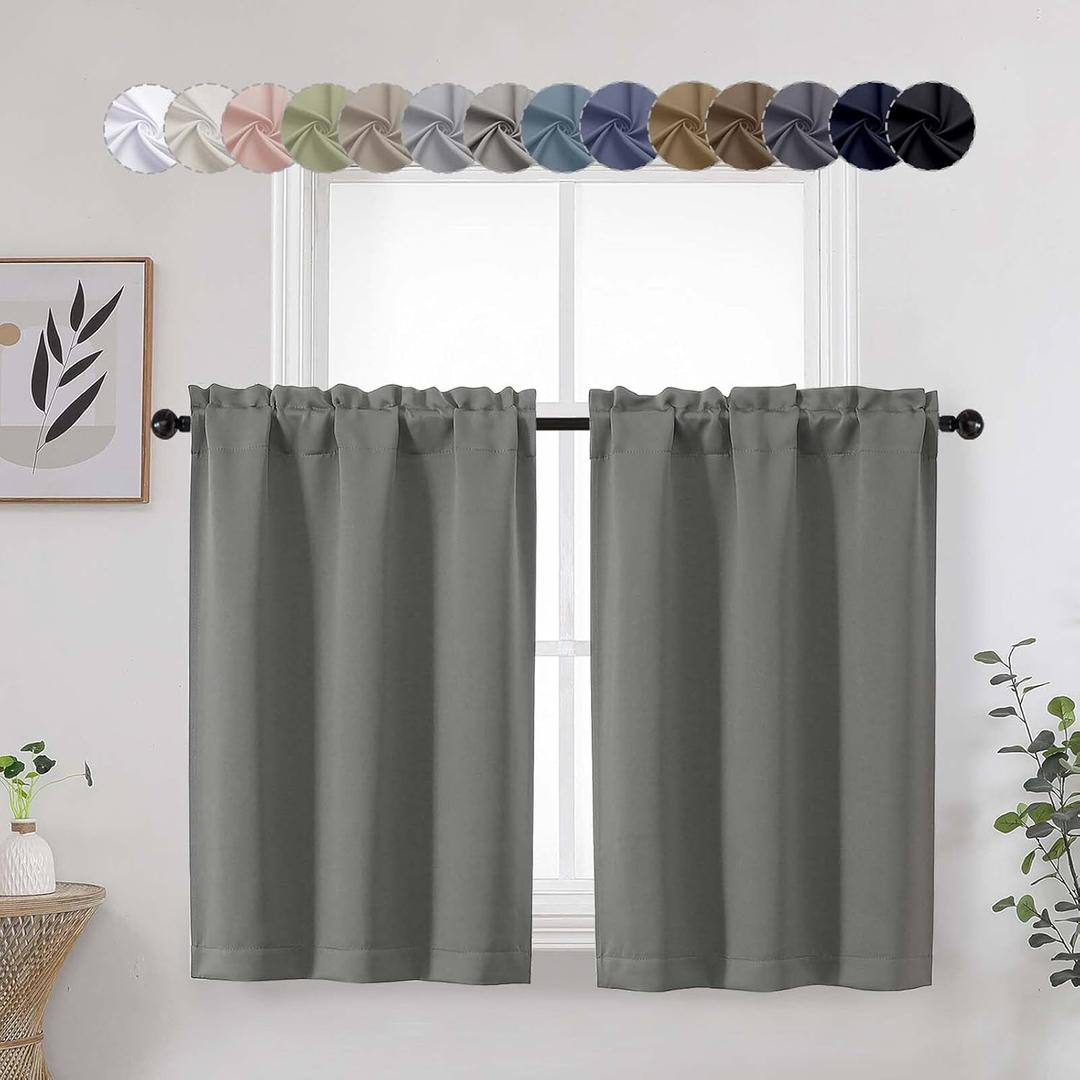 Light Grey Cafe Blackout Curtains Tier 36 Inch Length 2 Panels, Soft Solid Thermal Insulated Room Darkening Small Kitchen Window Curtains Over Sink for Bathroom, Light Grey, Each 30"W x 36"L (Pack of 2)