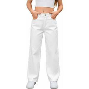 MakeMeChic Girl's Jeans Baggy Wide Straight Leg High Elastic Waisted Denim Pants Y2k Kid,Size 9y