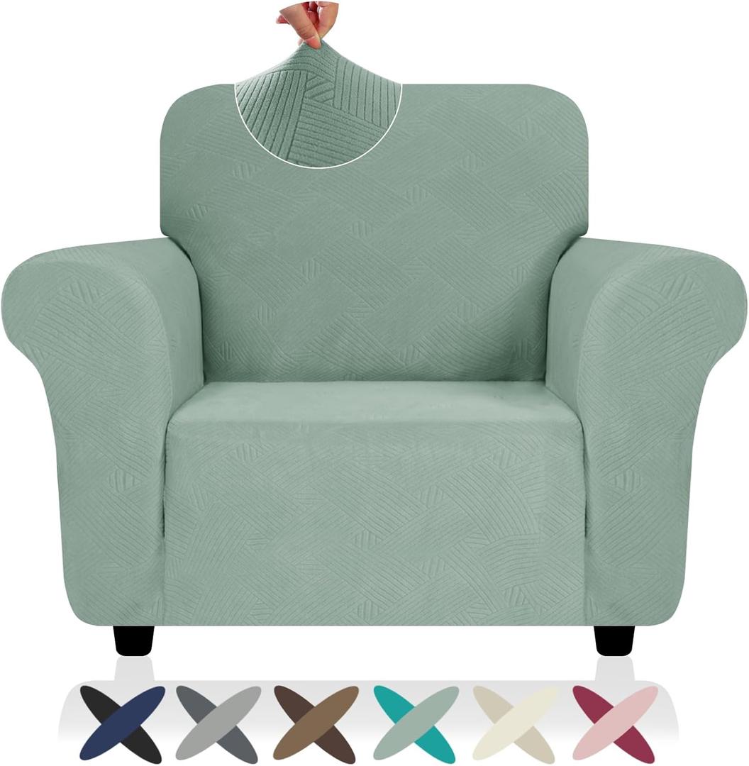 ZNSAYOTX Super Stretch Chair Slipcover (30"-47"), New Striped Sofa Chair Covers for Living Room, Dogs Pet Friendly Anti-Slip Chair Protector Spandex Armchair Slipcovers (Pea Green, Chair)