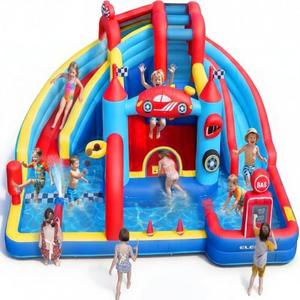 ELEMARA Speed Racer Kids Inflatable Water Slide Bounce House, 15 in 1 191x175in Double Slide Water Park with Climbing Wall, Splash Pool, Water Cannon, Basketball, Dartboard, Boxing Post, 750W Blower