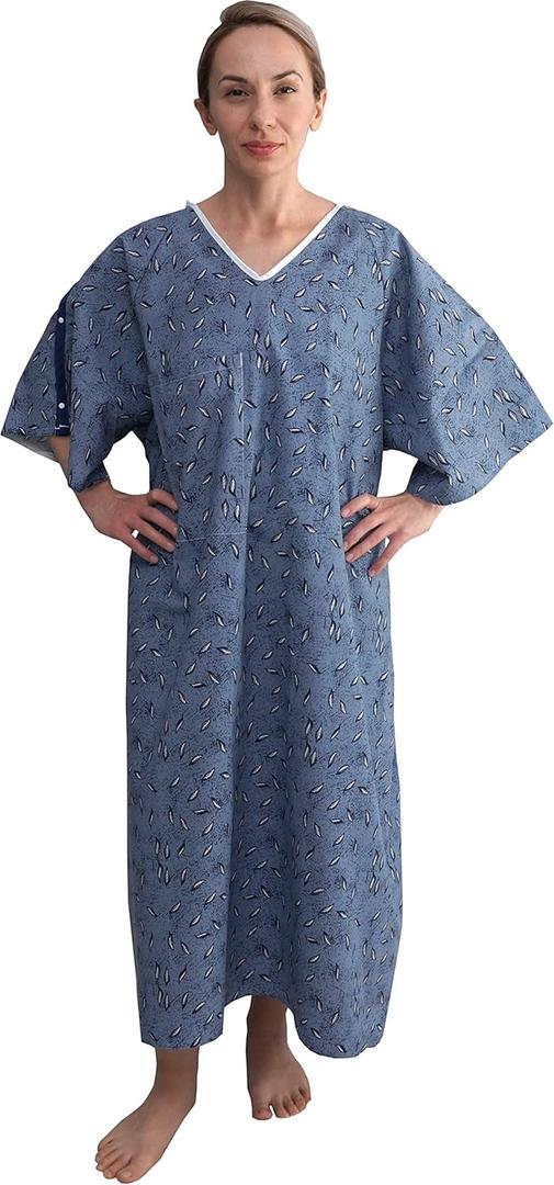 AMU Solutions 3 PK 3XL Hospital Gown  Blue Leaf Print V-Neck Unisex Patient Robe with Steel IV Shoulder Snaps Fits Men to 2XL & Women to 3XL