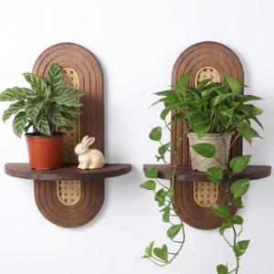 2 Pack Floating Shelves for Wall, Mid-Century Modern Wooden Shelves Boho Rattan Plant with Rattan Accents, Decorative Wall-Mounted Display Shelve for Living Room Bedroom Office - Natural Walnut Finish