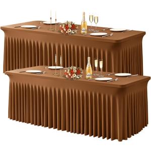 Wish Care 2 Pack Brown Spandex Table Clothes for 6 Foot Rectangle Tables, 6FT Wrinkle Free Fitted Tablecloths Ruffles Design Table Cover for Party, Banquet, Wedding and Events
