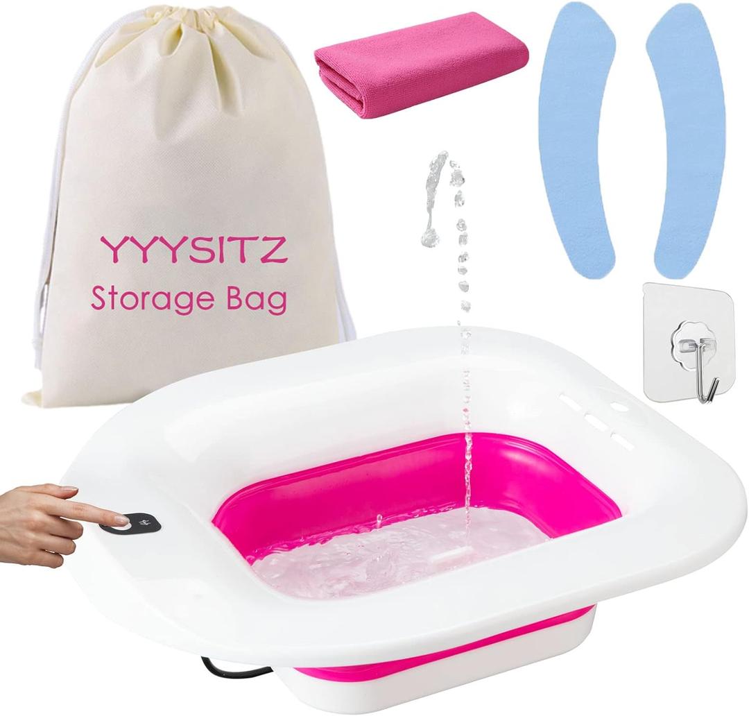 Sitz Bath, Electric Sitz Bath for Hemorrhoids, Sitz Bath for Toilet Seat, Postpartum Care Pan for Women, Yoni Hip Bath Basin, Sits Bath Soak Salts Tub, Vaginal Wash Bowl, Foldable, Pink