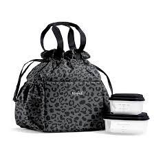 Fit & Fresh Cromwell Drawstring Lunch Bag for Women, Complete Lunch Set with 2 Containers, Stain-Resistant, Leak-Resistant, Back to School Essential, Teacher Lunchbox, Black Cheetah
