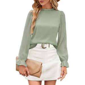 Aifer Womens Blouses Trendy Dressy Casual Tops Elegant Puff Long Sleeve Shirts Ruffle Mock Neck Plain Chiffon Outfits (XX-Large, Sage Green)