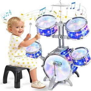 Upgraded Kids Drum Set for Toddlers w/ Light (All Plastic), Musical Gifts Toys for Boys Girls, Kids Jazz Drum Kit for Beginner Music Practice, Christmas Birthday Gift