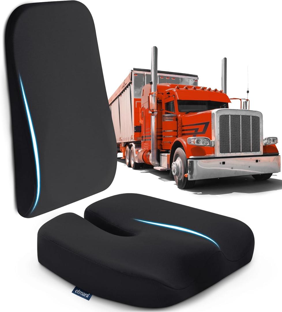 Elmara Truck Seat Cushion for Back Pain  Truck Driver Seat Cushion & Back Support  Trucker Gifts  Semi Truck Accessories for Men & Women  2-Piece Set (Black)