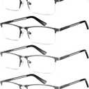 HIGHLIKE 4-Pack Blue Light Reading Glasses for Men, Metal Half Frame Readers Spring Hinge Clear Lens Eyeglasses with Pouches, Semi Rimless 2 Black 2 Gunmetal 2.5 x