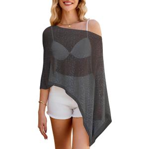 WeciBor Women's Sheer Poncho Tops Lightweight Shrug Pullover Knit Bolero Sweater Cover Up Beachwear for Beach Clothing (Black)