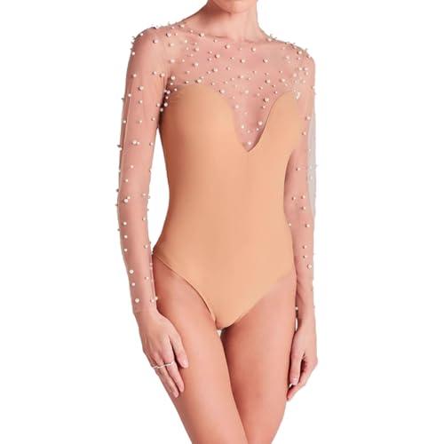 Clispiy Mesh Pearl Top Sheer Bodysuit For Women Pearl Long Sleeve Bodysuit With Snap Crotch, Size M