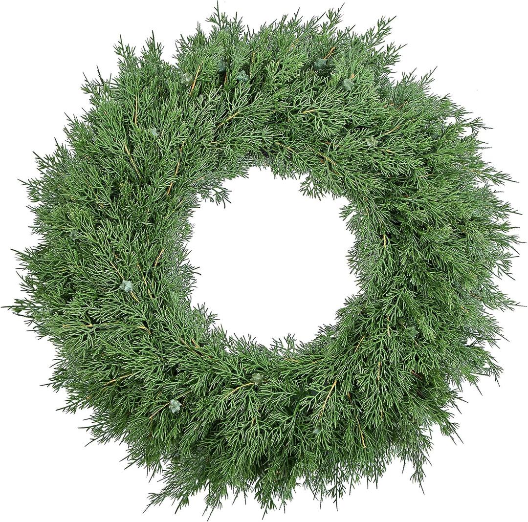 22Inch Christmas Wreath for Front Door, Real Touch Cedar Wreath, Unlit Plain Artificial Cypress Wreath for Xmas