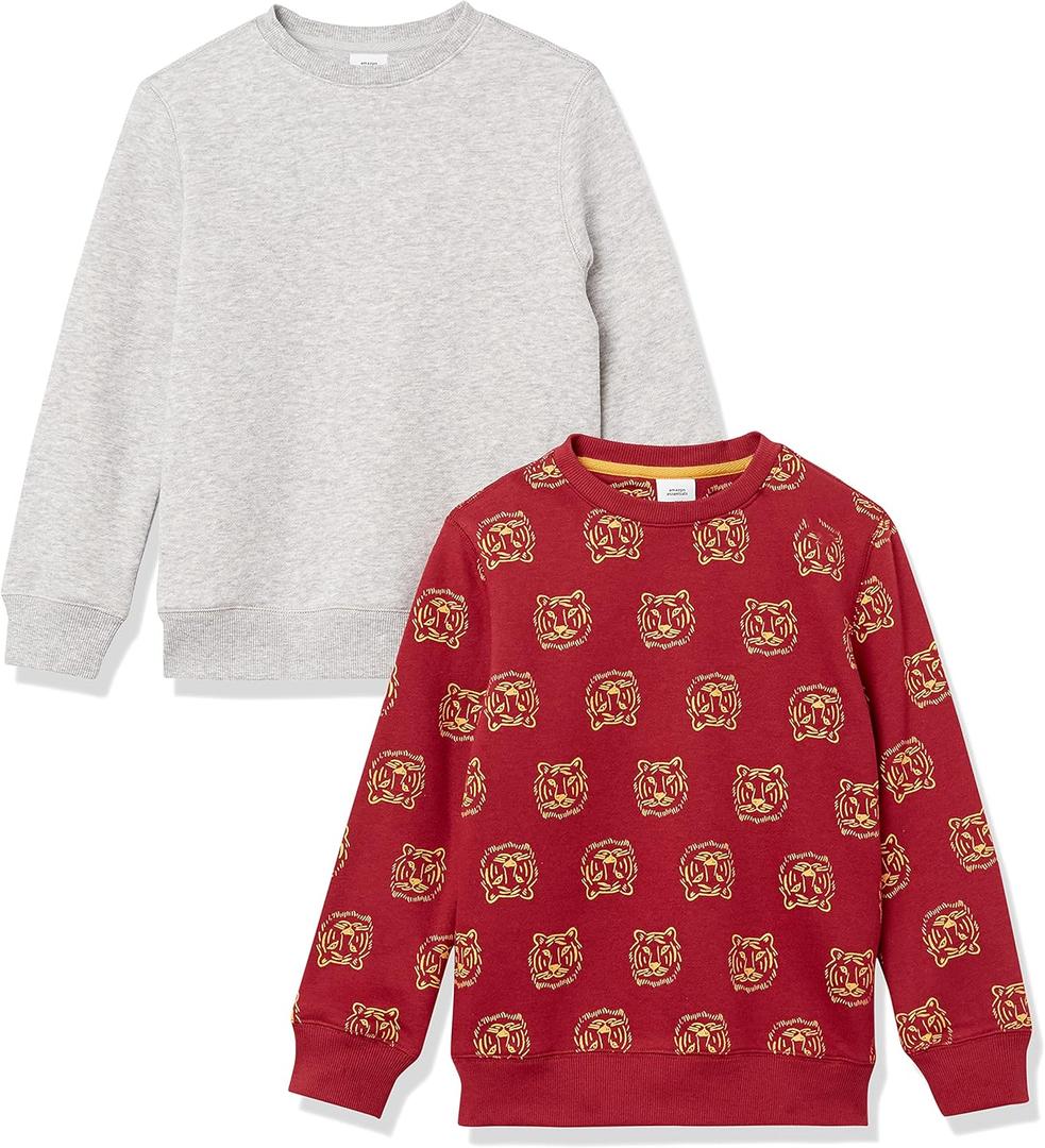 Amazon Essentials Boys' Fleece Crew-Neck Sweatshirts, Pack of 2, Maroon Tiger/ Medium Grey Heather, X-Large