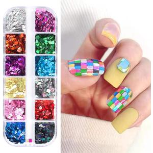 2 x Laser Square Glitter Nail Art Sequins, Holographic 3D 12 Colors Glitter Flakes Design, Rectangle Shape Nail Shiny Supplies for Women Girls Manicure Powder Charms Decorations, DIY Resin Nail Art Tips