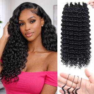 16 Inch 180g Deep Wave Feather Crochet Hair Pre-Looped for Black Women, 100 Strands Synthetic Pre Separated Invisible Knotless Crochet Bundles, Feathered Tip Braids Extensions(#1B)
