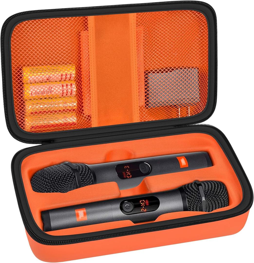 Wireless Microphone Case Compatible with JBL Wireless Two Microphone System/for JBL PartyBox Wireless Mic, Handheld Dual Mic Travel Bag for Singing or Karaoke for Receiver, Adapter, Batteries-Orange