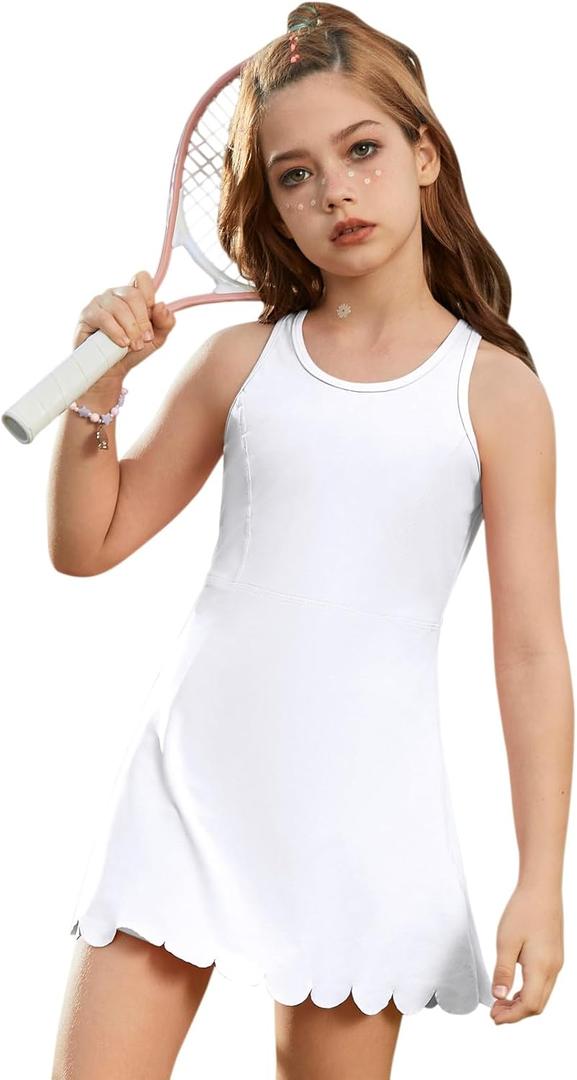Girls Tennis Dress Sleeveless Pickleball Athletic Dress Golf Outfit with Detachable Built-in Bra & Shorts Pockets (10-11 Years, White)
