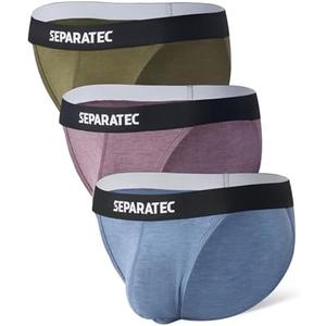 Separatec Men's Bikini Briefs Dual Pouch Bulge Enhancing Soft Support Breathable Mens String Bikini Briefs Tagless 3 Pack(M,Dark Purple/Grey Blue/Olive Green)