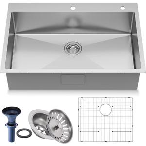 33 inch Topmount Handmade 18 Gauge Single Bowl Stainless Steel Kitchen Sink with Accessories in 33"Lx22"Wx10"D