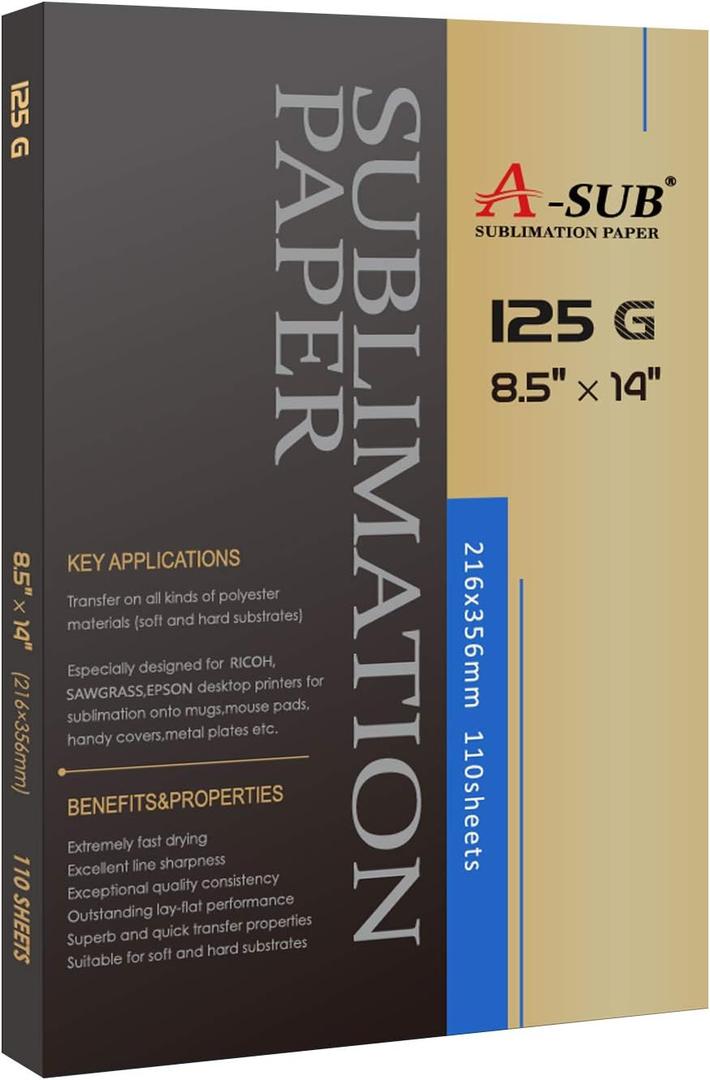 A-SUB Sublimation Paper 8.5x14 Inches 110 Sheets ONLY Compatible with Sublimation Printer and Sublimation Ink 125g