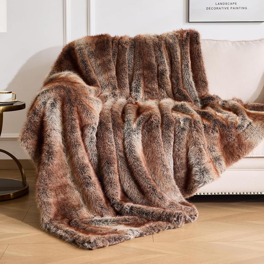 OMERAI Faux Fur Blanket, Ultra Soft Luxury Fuzzy Throw Blanket, Long Pile Plush Cozy Warm Decorative Blanket for Couch, Sofa, Chair, Bed, Heavy Weight, 50" x 60", Chestnut Russet Blend