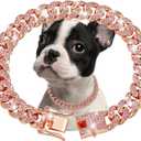 Rosegold Dog Chain Collar Diamond Cuban Link Dog Collar 13mm Wide Dog Necklace Metal Cat Chain Pet Crystal Collar Jewelry Accessories for Small Medium Large Dogs Cats(22inch)