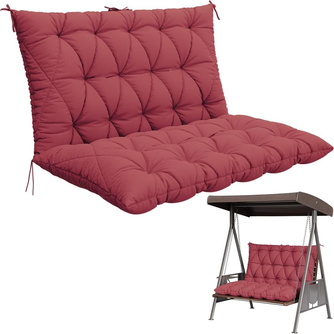 Porch Swing Cushion with Backrest,Waterproof Bench Cushion for Outdoor Furniture,2-3 Seater Replacement Thickened 5 in swing cushion,with Ties,Patio,Outdoor,Backyard and Garden (Fuchsiared,47x40 in)