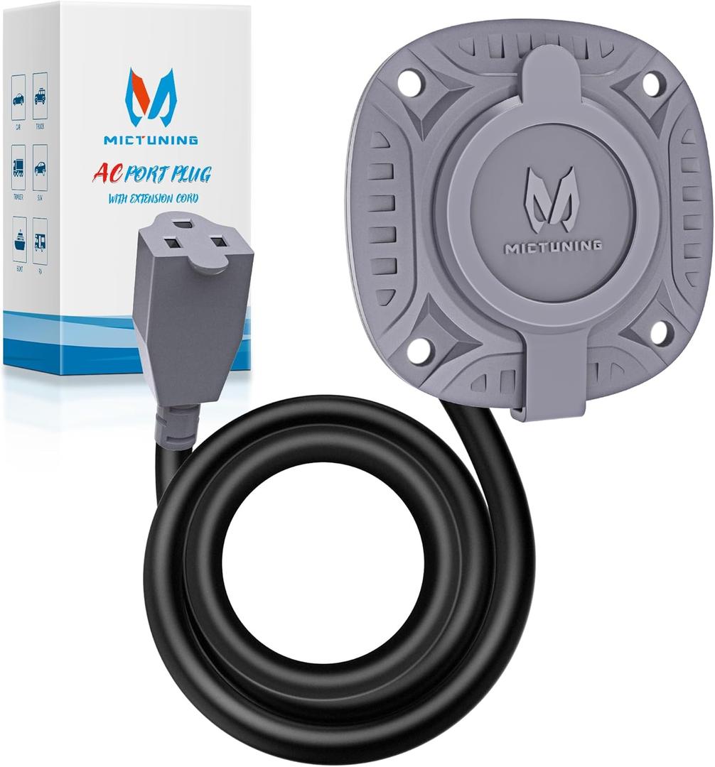MICTUNING 15Amp 125V AC Port Plug with 20" Integrated Heavy Duty Extension Cord and Water-Resistant Cap - Silver Gray