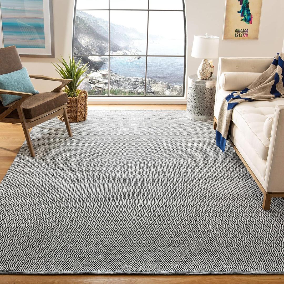 SAFAVIEH Montauk Collection Area Rug - 9' x 12', Ivory & Navy, Handmade Flat Weave Cotton, Ideal for High Traffic Areas in Living Room, Bedroom (MTK515E)