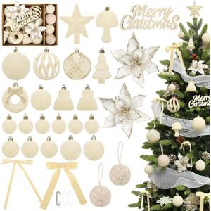 38Pcs Velvet Christmas Ornaments Set, Cream White Flocked Christmas Ornaments for Xmas Tree Decorations Shatterproof Plastic Hanging Balls Assorted Indoor Home Party Holiday Wedding Decor