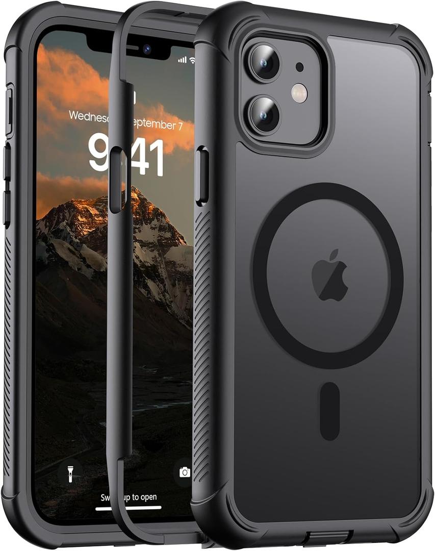 Magnetic for iPhone 12/12 Pro Case, [Compatible with MagSafe][Military Grade Drop Protection][Heavy Duty Protection][Non-Slip][Shockproof] 2-Layer Durable Bumper Phone Case 6.1''-Black