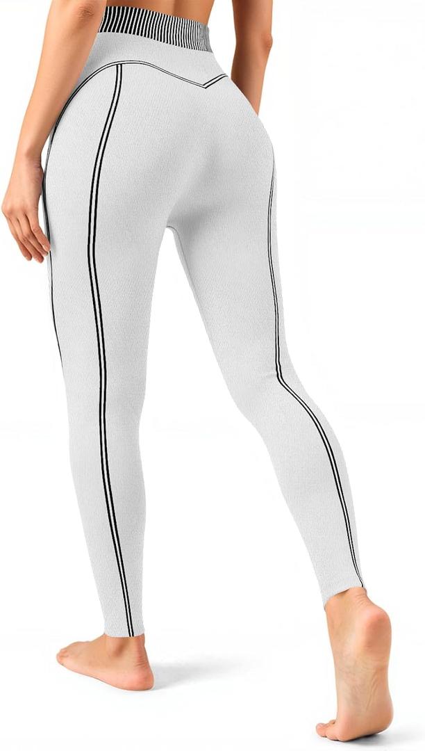 Fisoew Women's High Waisted Yoga Leggings Striped Seamless Butt Liftting Stretchy Running Gym Workout Pants White, M