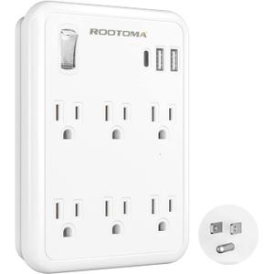 USB Wall Outlet Extender with On Off Switch, surge protector outlet,6 AC Multi-Plug Outlet with 3 USB Ports (1 USB C), 490 Joules, Flat outlet splitter with Spaced Outlet for Home, Office, College