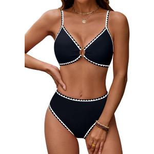 Blooming Jelly Womens Bikini Sets Color Block Two Piece Swimsuit O Ring Stitched Bathing Suit 2026 (Large, Black)