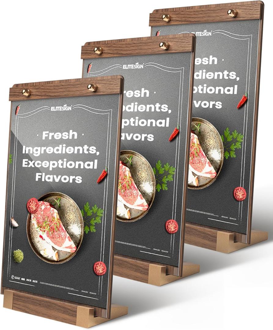 3Pack Acrylic Sign Holders 8.5 x 11 with Walnut Wood Base, Tabletop Clear Commercial Display Stand for Menu, Poster, Flyer, Table Paper Frame for Restaurant/Office/Coffee Shop Store Bar/Wedding/Hotel