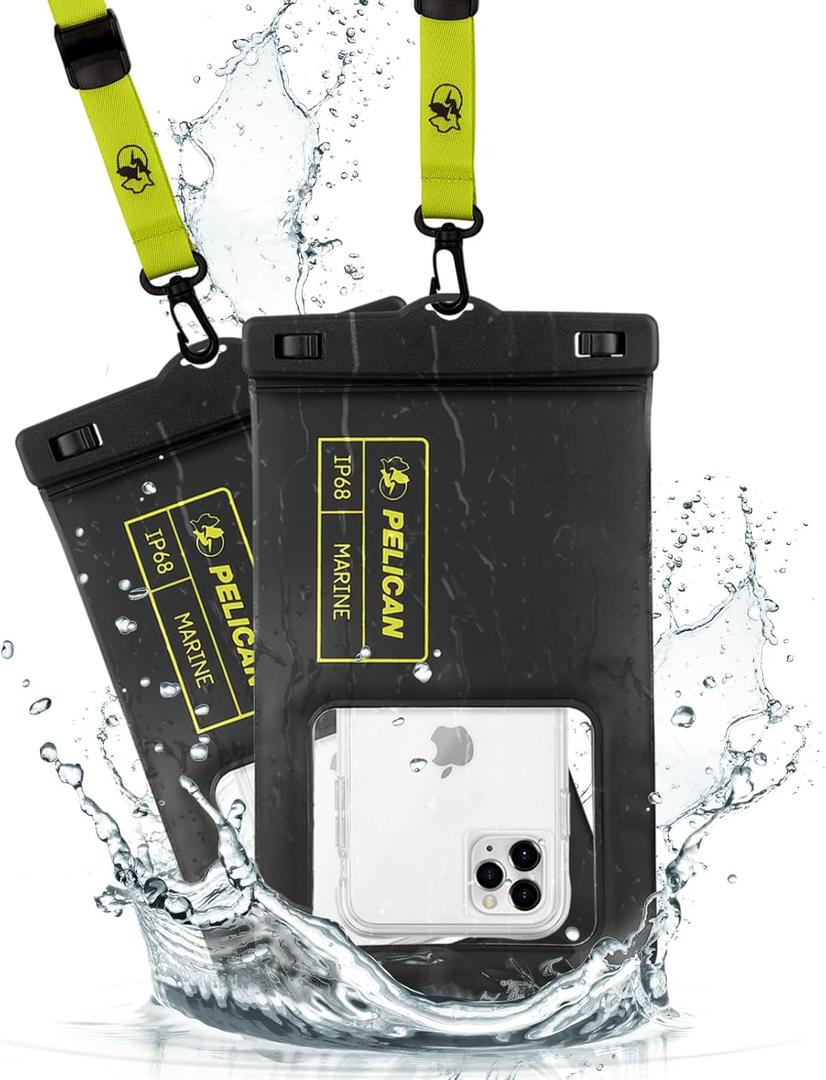Pelican 2 Pack Marine - IP68 Waterproof Phone Pouch (XL Size) Floating Waterproof Phone Case - Beach Cruise Ship Travel Essentials - Works with All Phones - Detachable Lanyard - Black/Hi-Vis Yellow