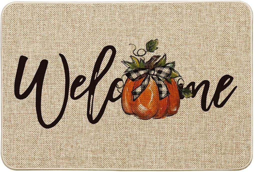 Artoid Mode Bow Tie Pumpkin Fall Welcome Doormat, Autumn Home Decor Low-Profile Switch Rug Door Mat for Indoor Outdoor 24x35 Inch (Beige)