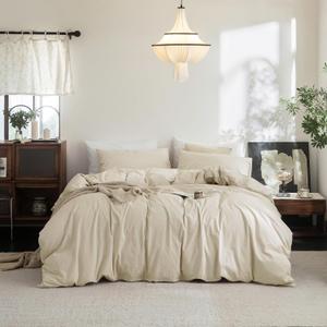 FOSSA Duvet Cover Set 100% Washed Cotton Linen Feel Super Soft Breathable Cozy 3 Pieces Bedding Sets Solid Almond Grey Full/Double