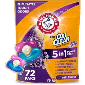 ARM & HAMMER Plus OxiClean With Odor Blasters Laundry Detergent, 5-IN-1 Power Paks, 72 Ct