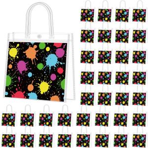 Supervitae 36 Pcs Glowing Clear Favor Bags with Handle Reusable Plastic PVC Gift Bag Neon Goodies Treats Totes for Birthday Wedding Christmas Party Supplies, 8 x 8 x 3.15 Inch
