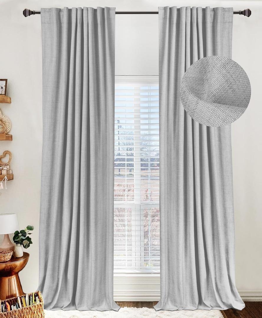100% Blackout Shield Linen Blackout Curtains for Bedroom 63 Inches Long, Back Tab/Rod Pocket Living Room Drapes, Thermal Insulated Blackout Curtains 2 Panels Set, 50" W x 63" L, Grey