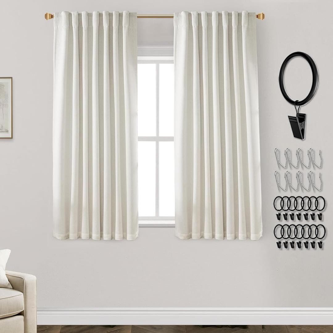 54 Inch Long Curtains,Black Out Linen Back Tab Pleated Room Darkening Blackout Curtains 54 Inch Length 2 Panels Set,Cream Ivory Off White