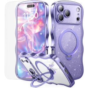 3 in 1 for iPhone 17 Pro Max Case with 360 Spin Magnetic Stand, 1X DIY Glitter Cardstock +1X Screen Protector, [Fit for Magsafe]Cute Wavy Trendy Glossy Clear Phone Cover for Women Girls 6.9", Purple